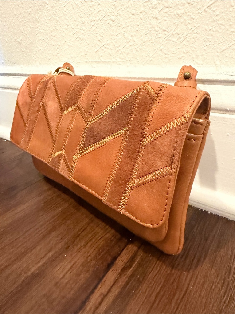 Lucky Brand Tan Suede Chevron Stitch Clutch